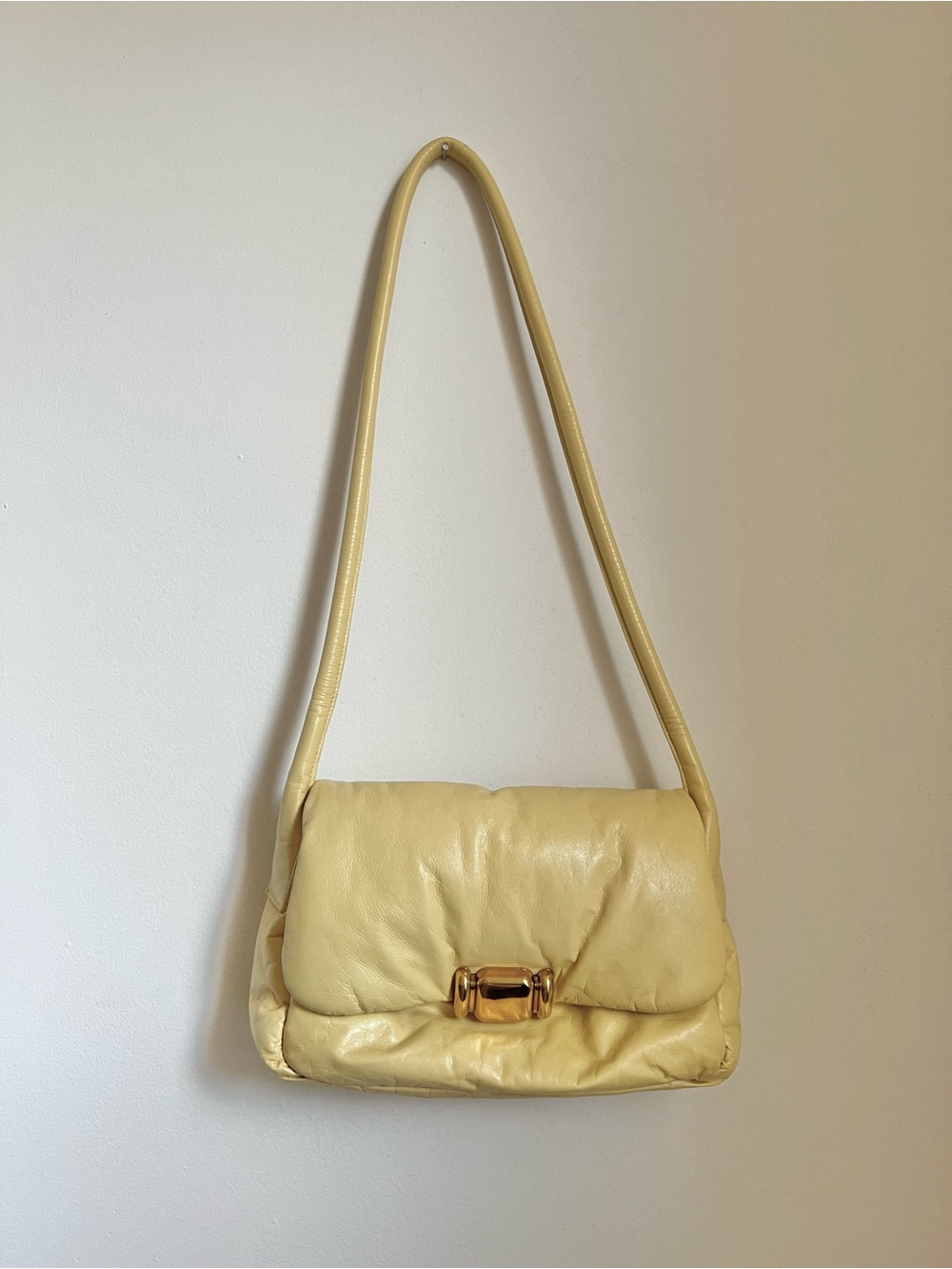Bottega Veneta Pad Shoulder Bag / Crossbody in Butter Yellow & Brass.